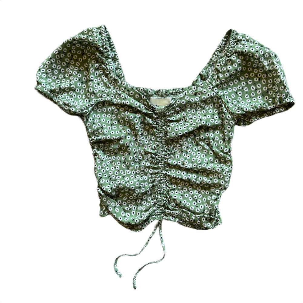 H&M Floral Green Ruched Women's Top Size XS Summer Going Out